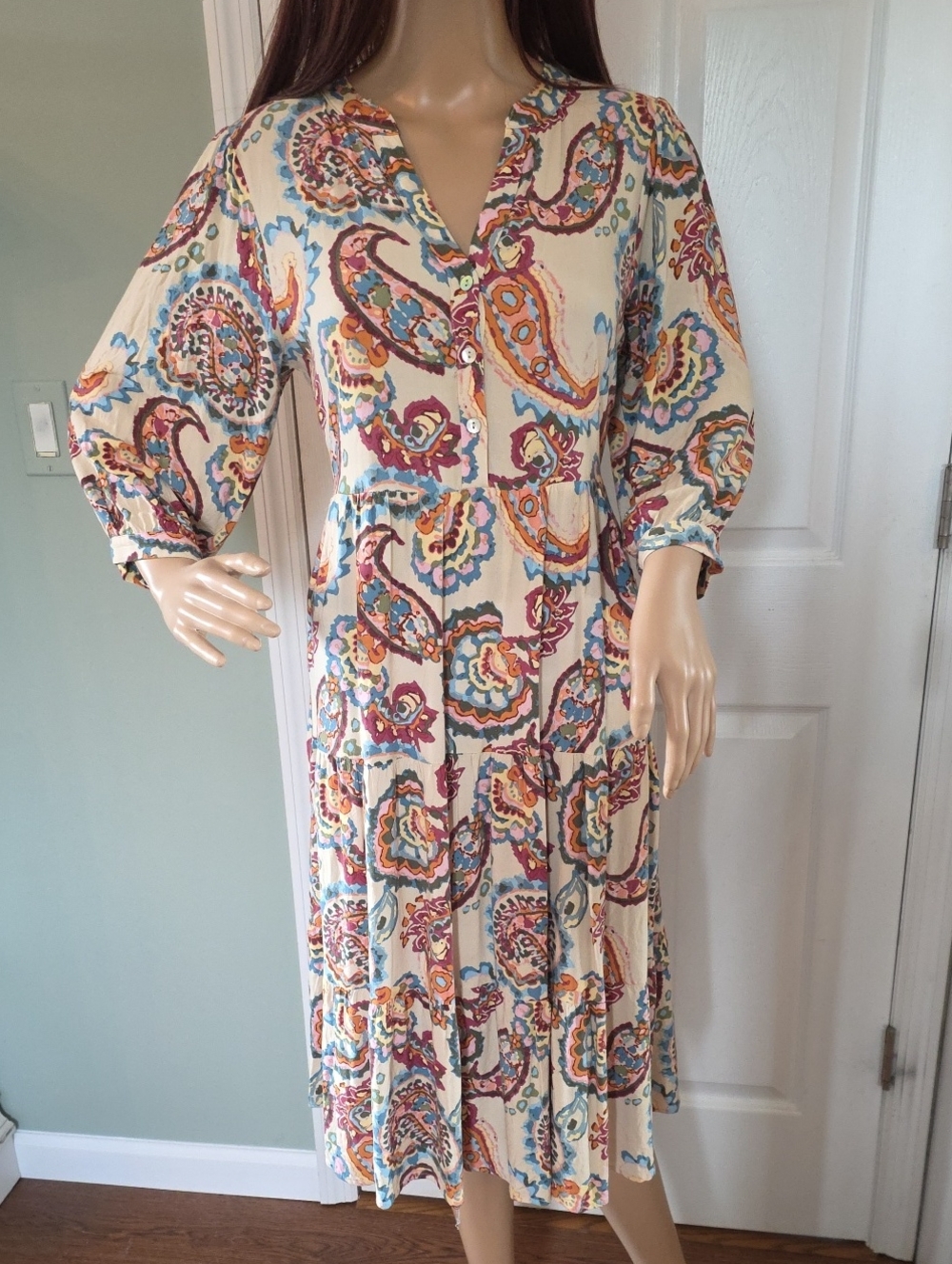 Kate & Sam 100% Rayon Paisley Western Boho Tiered Midi Dress S
